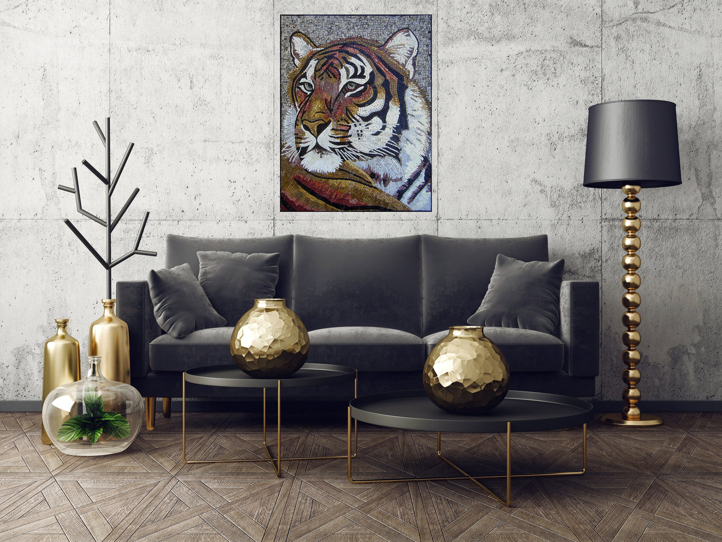 Handmade Tiger Mosaic: Wild Animal Marble Tile Art (36x28)