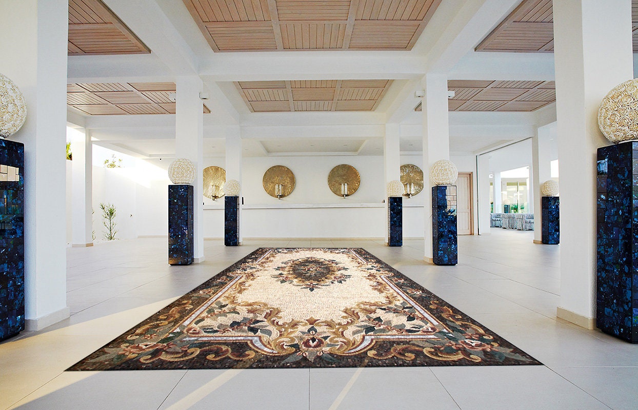 Floral Mosaic Rug: Handmade Marble Stone Art (160x72)