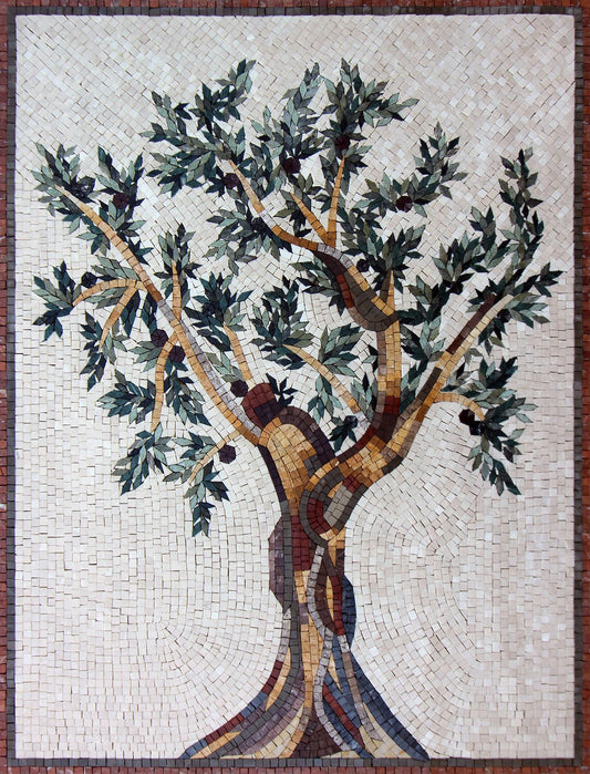 Handmade Olive Tree Mosaic Art: Marble Medallion Tile (40” x 30")