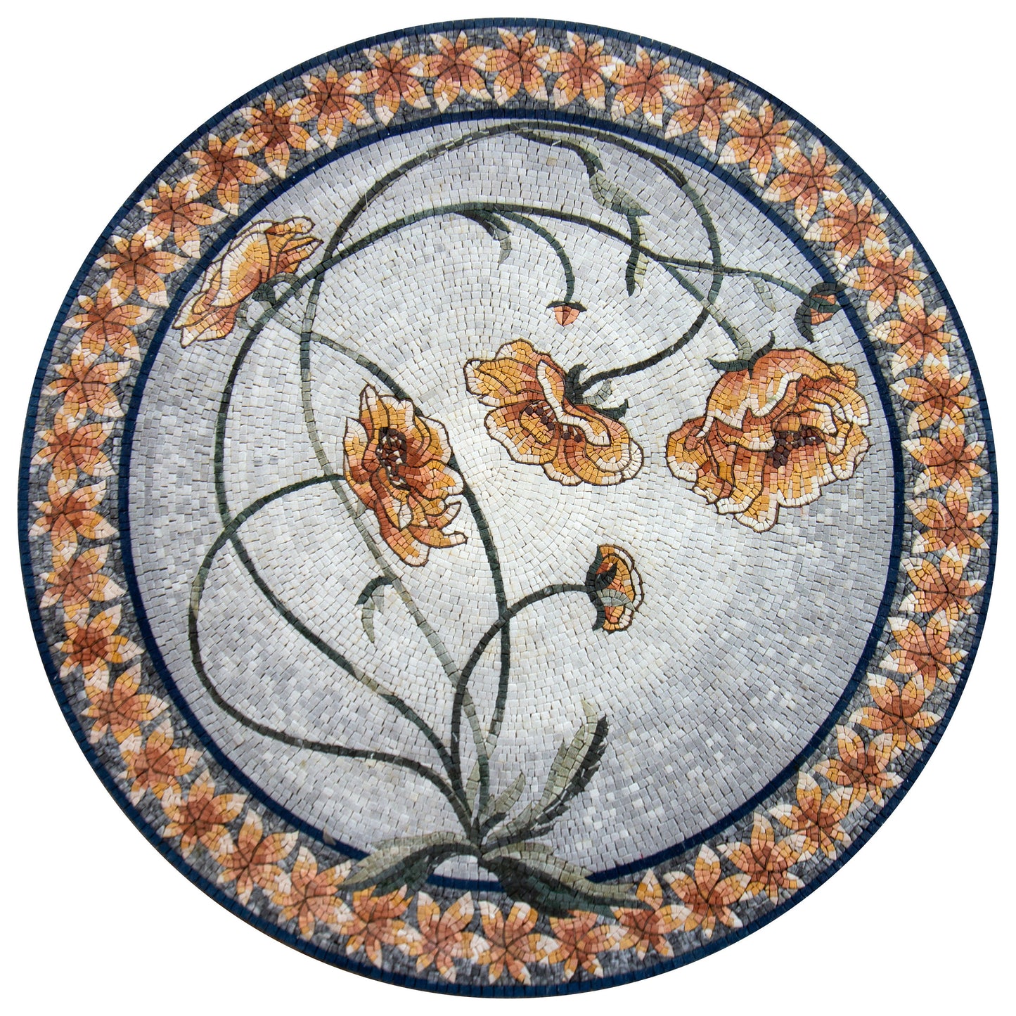 Artisanal Bloom - Handmade Floral Pattern Round Mosaic Medallion Art Tile - Customization available