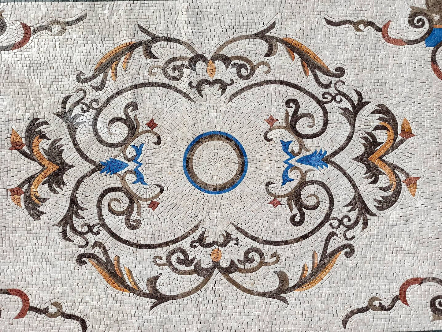 Handmade Marble Mosaic Rug: Floral Medallion Design (80” x 48")