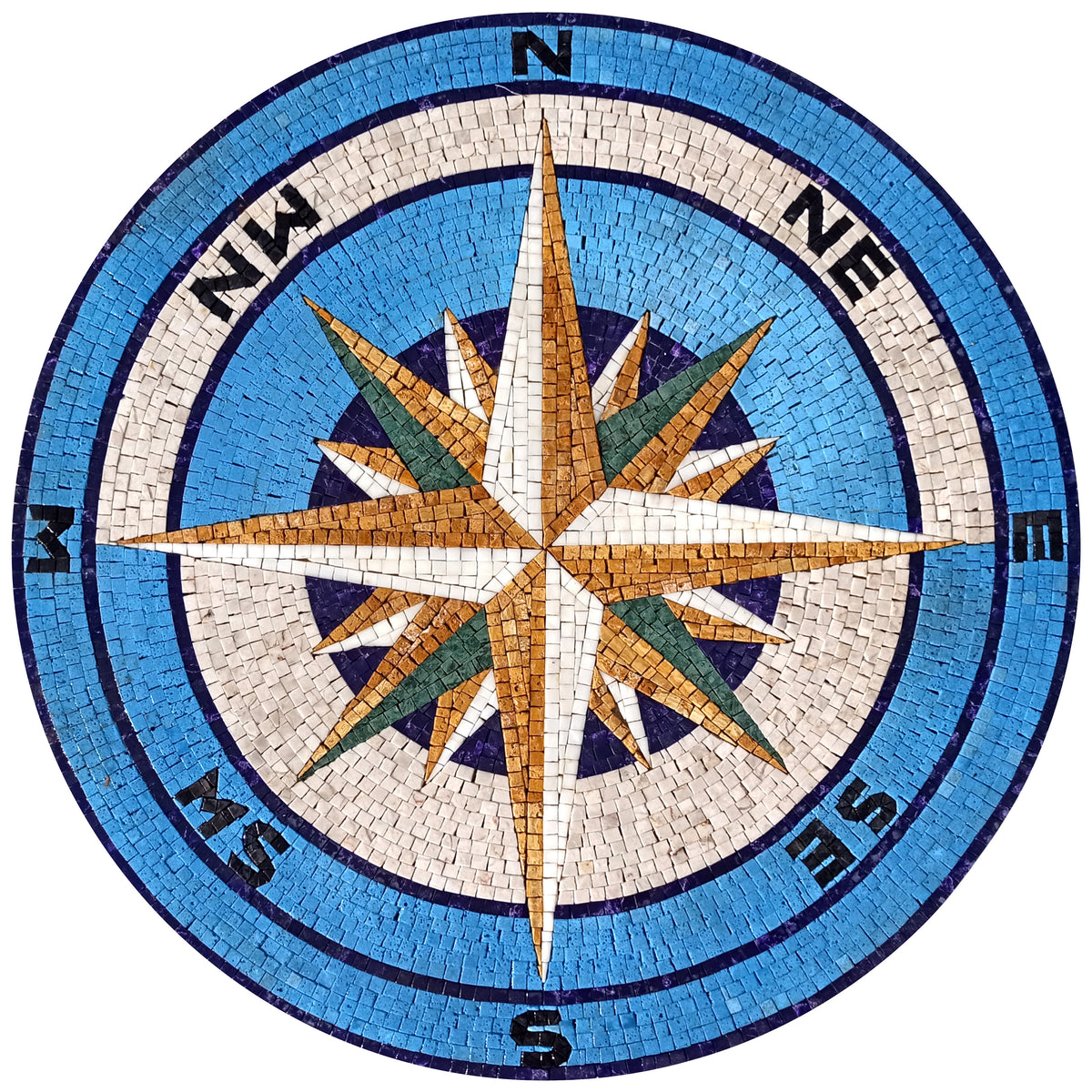 Handmade Marble Mosaic Compass Rose Medallion - Nautical Flooring Tile (32" Diameter)