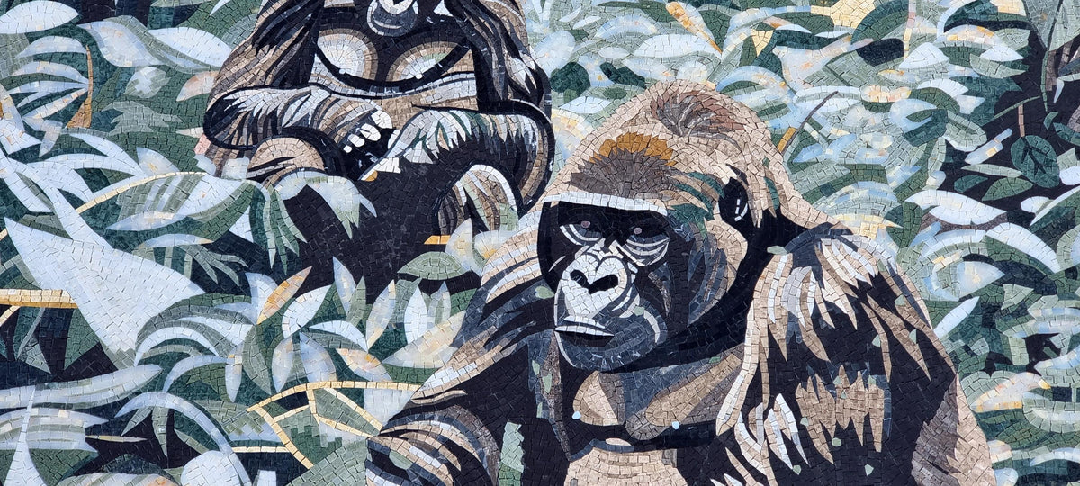 120"x50" Women and Monkey in Grass Mosaic Wall Art – Nature-Inspired Scene, Exotic Home Decor, Customization available