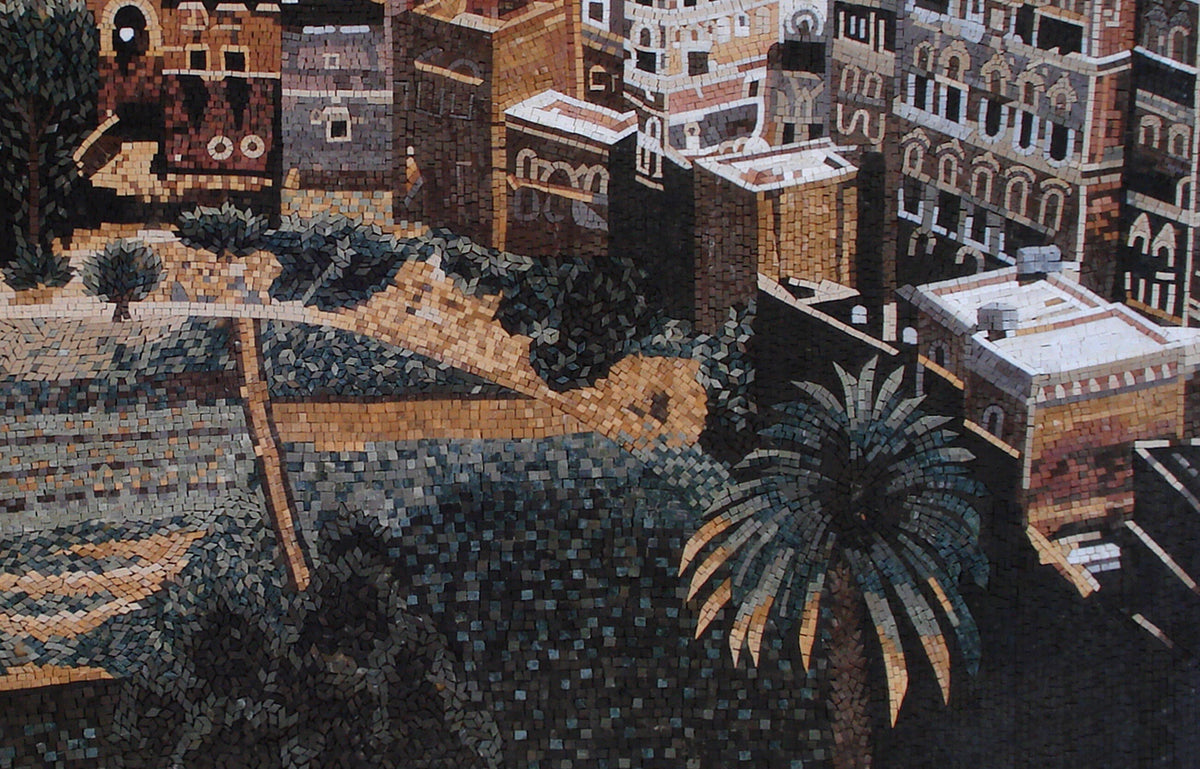 Handmade Yemen Mosaic Mural: Old City Stone Tile Artwork