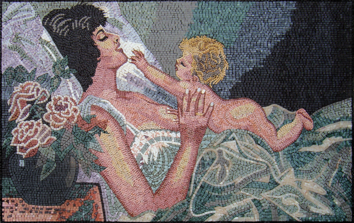 Handmade Mother and Baby Marble Mosaic Art Tile (50” x 32”)