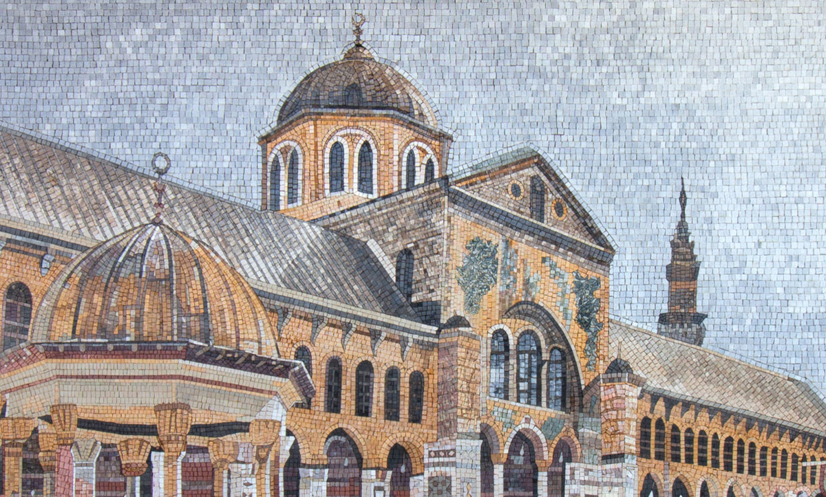 Umayyad Mosque Mosaic: Handmade Marble Tile Mural (80” x 48”)