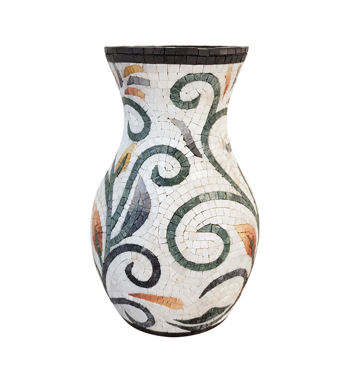 Handmade Marble Mosaic Vase: Black and White Floral Design