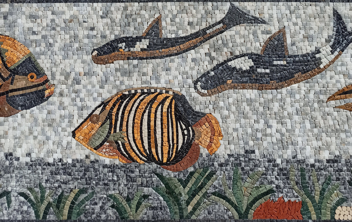 Handmade Marble Mosaic Tile: Sea Life Mural (92” x 22")
