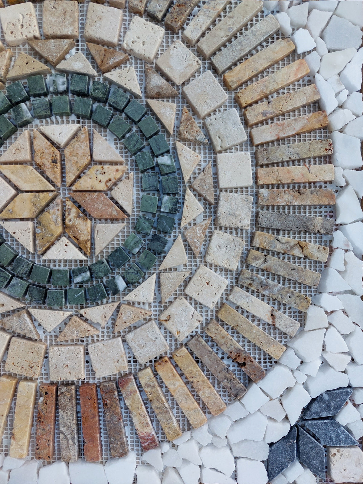 Handmade Flower Mosaic Medallion: Travertine Stone Art (24"x24")