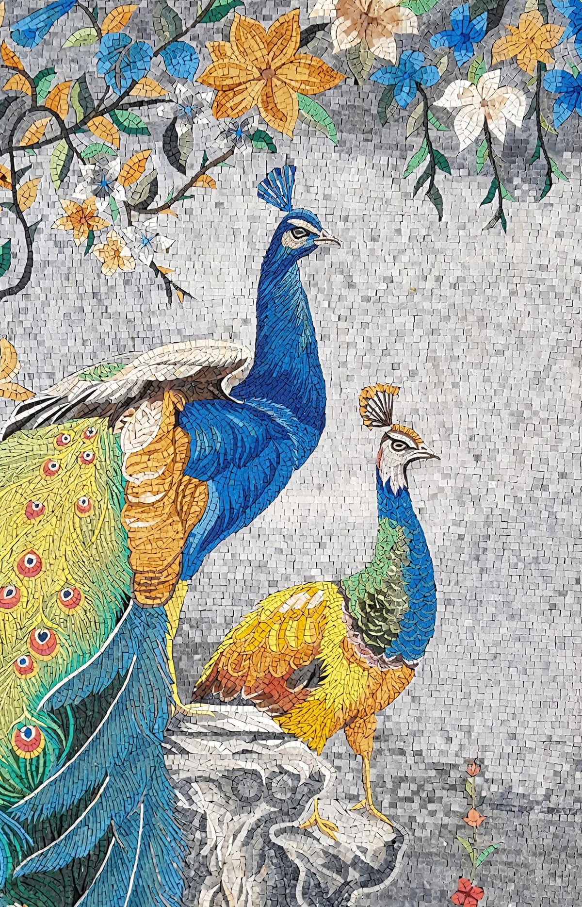 Handmade Peacock Mosaic Tile Art: Botanical Wall Decor (62” x 38")