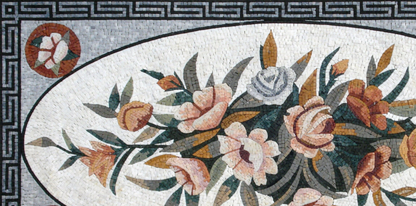 Handmade Marble Stone Rug: Floral Mosaic Carpet (80” x 40")
