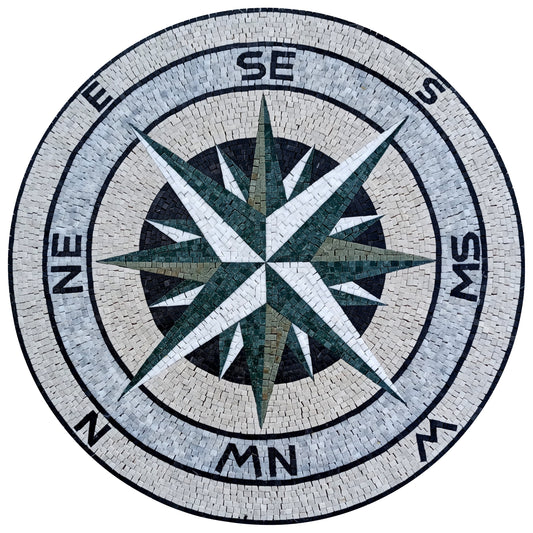 Handmade Compass Mosaic Tile: Wind Rose Medallion, Indoor/Outdoor (32" Diameter)