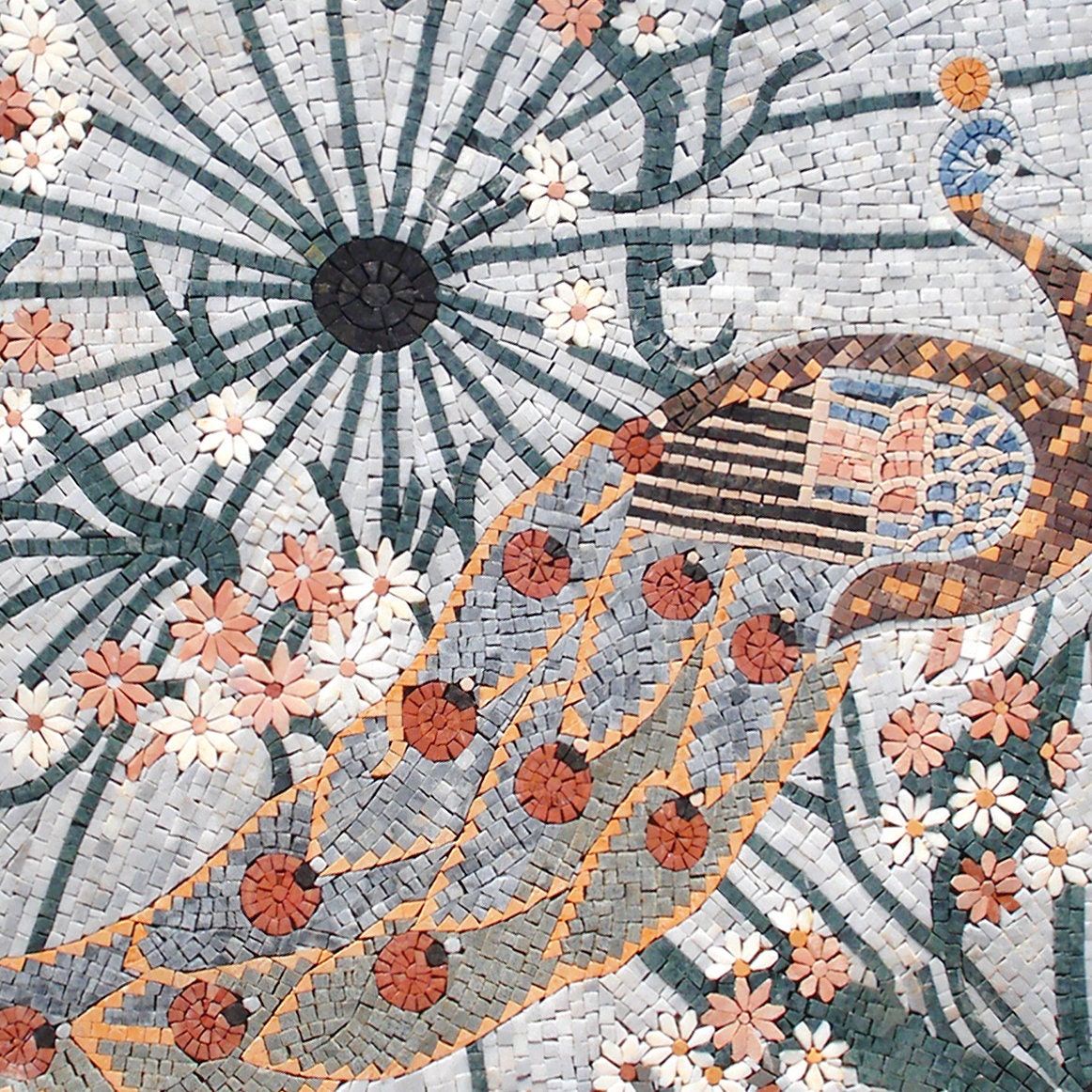 Handmade Peacock Mosaic Tile Art: Floral Marble Medallion (36" Diameter)