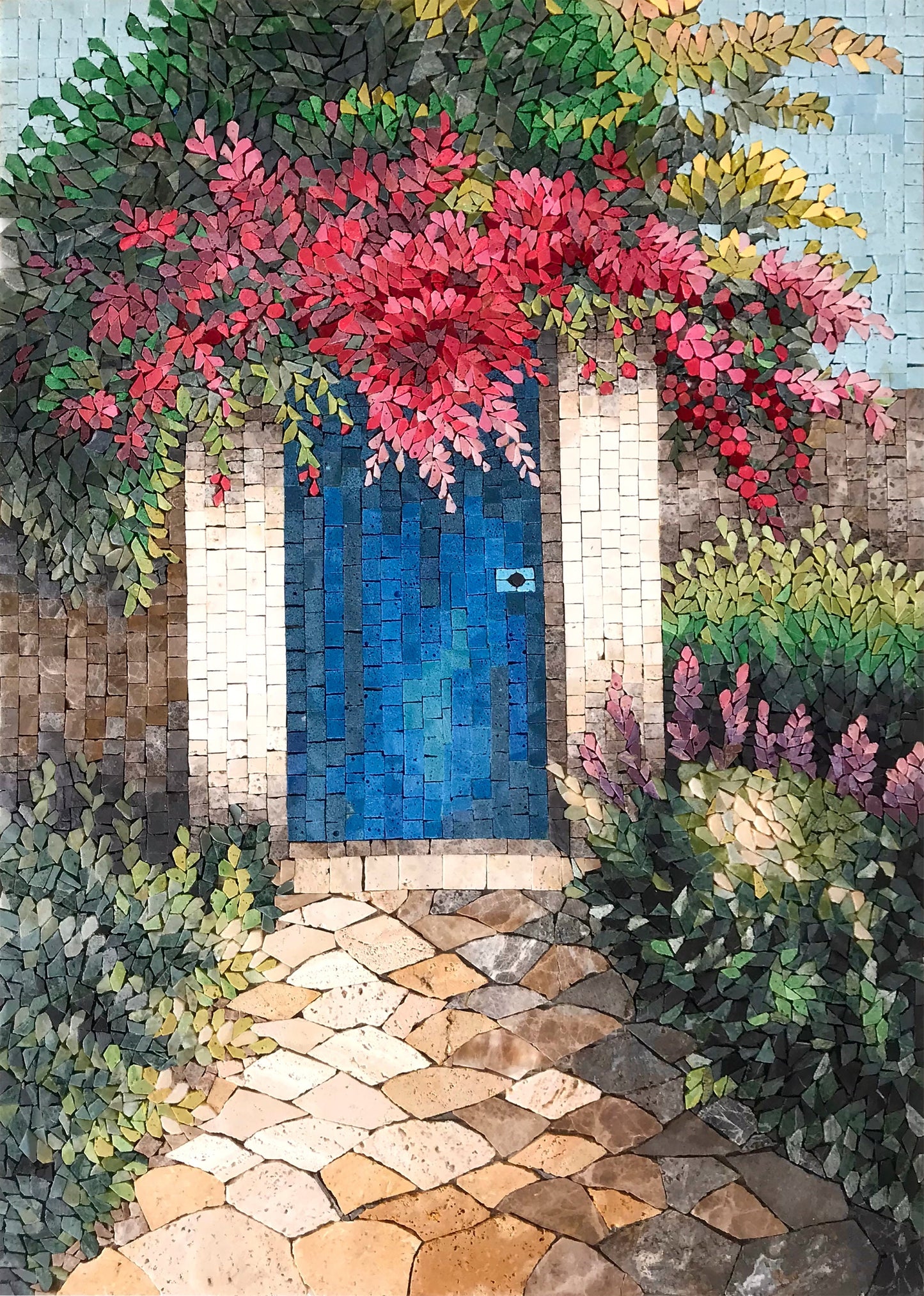 Botanical Mosaic Tile Art: Blue Door Garden Stone Wall Decor