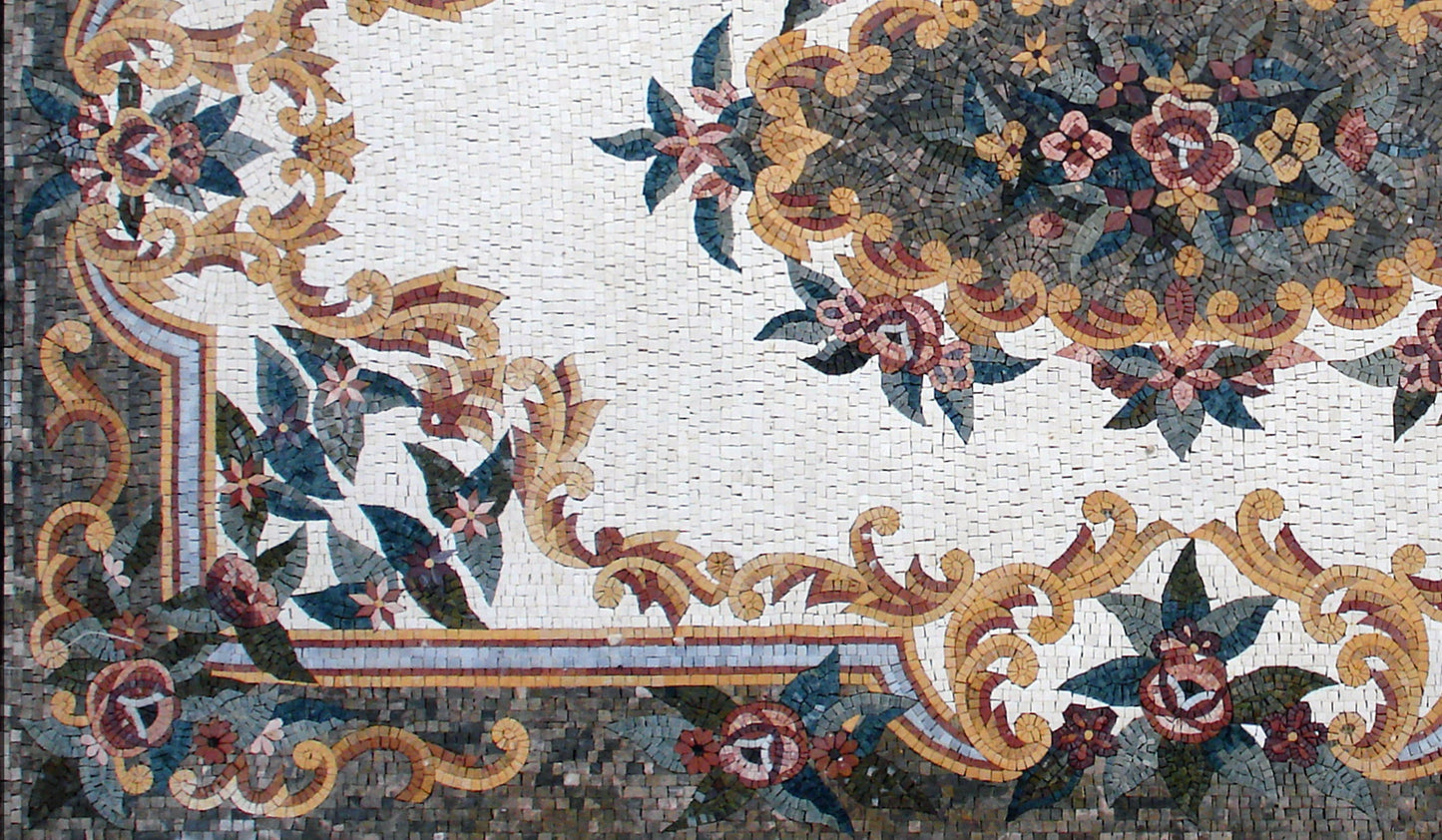 Floral Marble Mosaic Rug: Handmade Stone Art (104” x 60”)