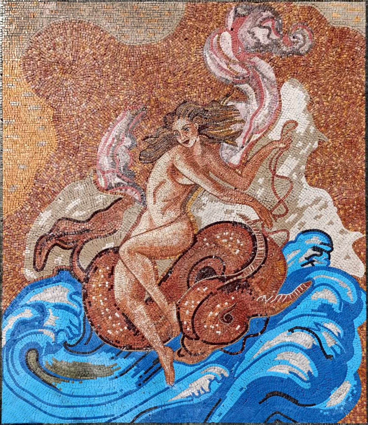 Handmade Nereid Mosaic Tile Art: Italian Marble Backsplash (68” x 60”)