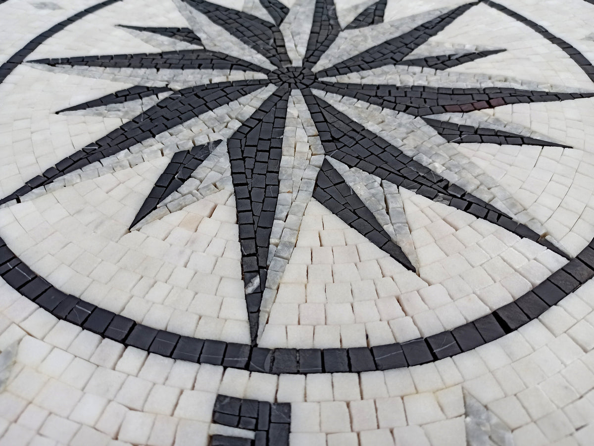 Nautical Harmony - 32-Inch Handmade Compass & Pool Tile Medallion Marble Mosaic Art - Customization available