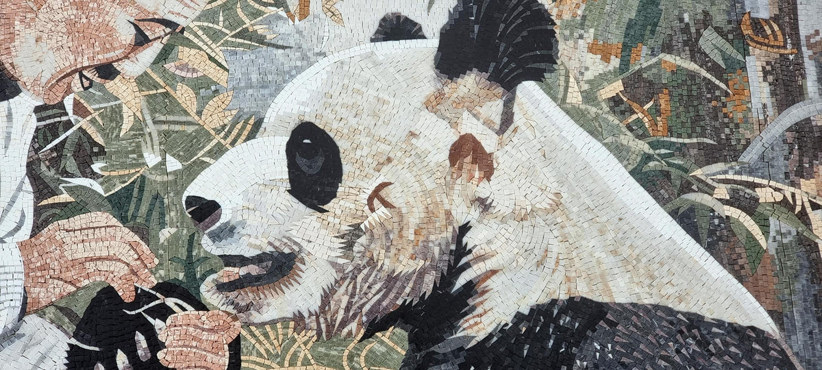 120"x50" Men with Panda Mosaic Wall Art – Nature-Inspired Home Decor, Customization Available