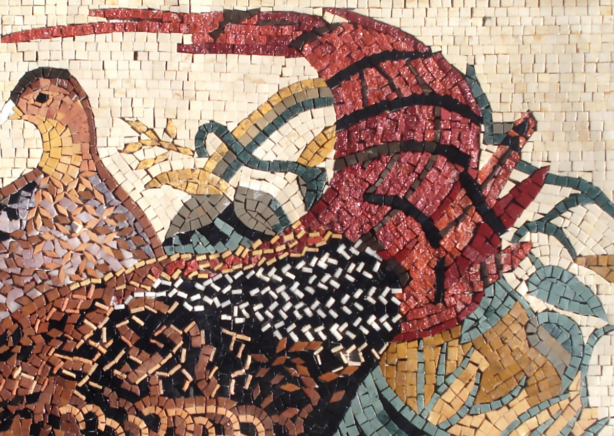 Pheasant Mosaic Tile Art: Handmade Marble Bird Mural (36" x 24")