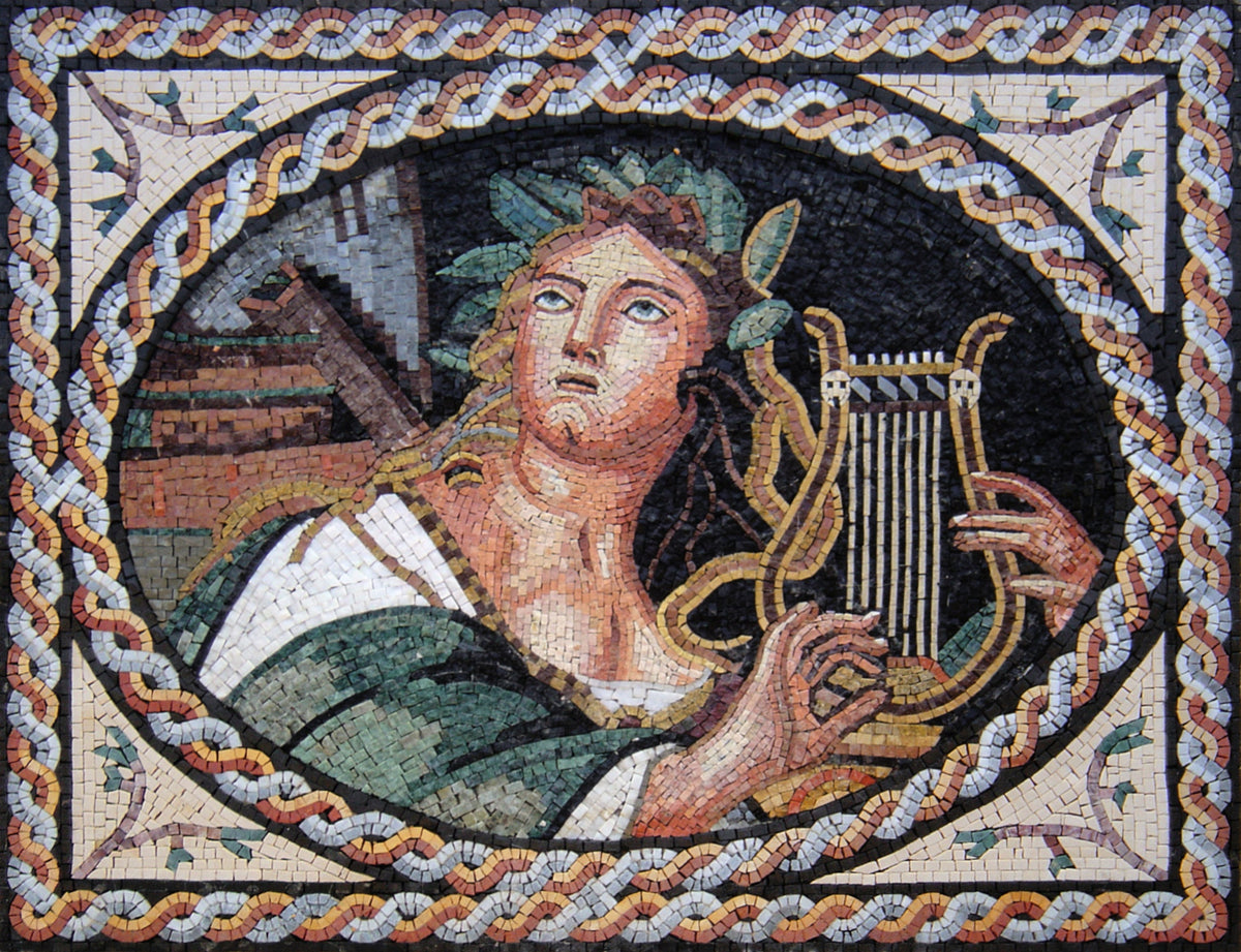 Handmade Greek Mosaic Mural: Young Woman Playing Lyre, Marble Stone Art