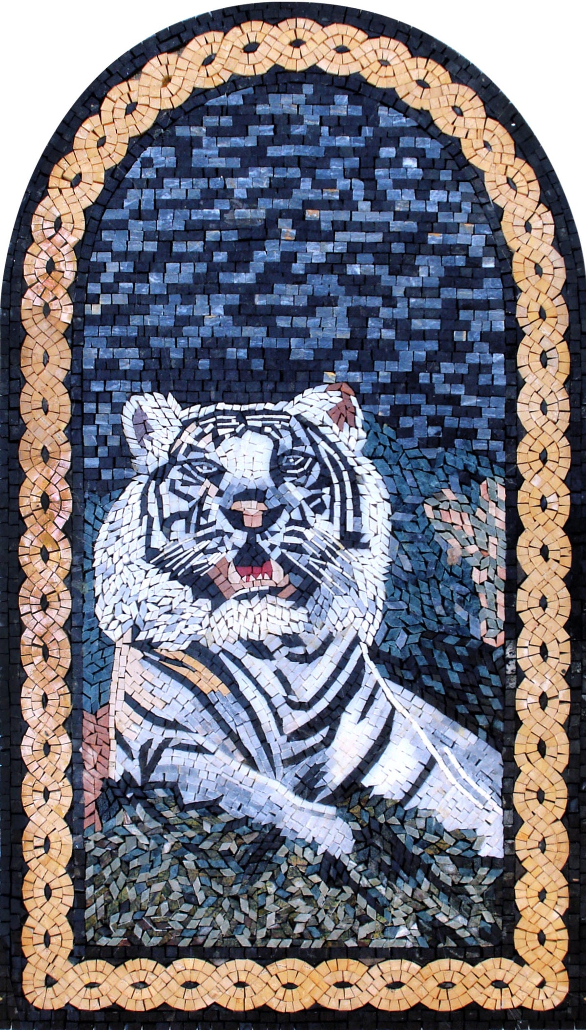 TIGER MOSAIC BACKSPLASH | Wild Jungle Animal Mosaic Tiles For House Warming | White Tiger Roaring Artwork Tiles For Interior Room Walls
