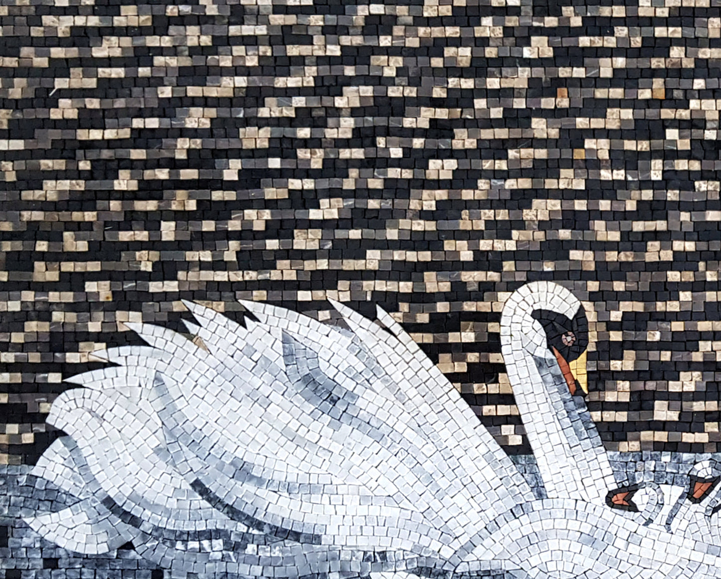 Handmade Swans Mosaic Tile Art: Marble Stone Wall Decor (36” x 28”)