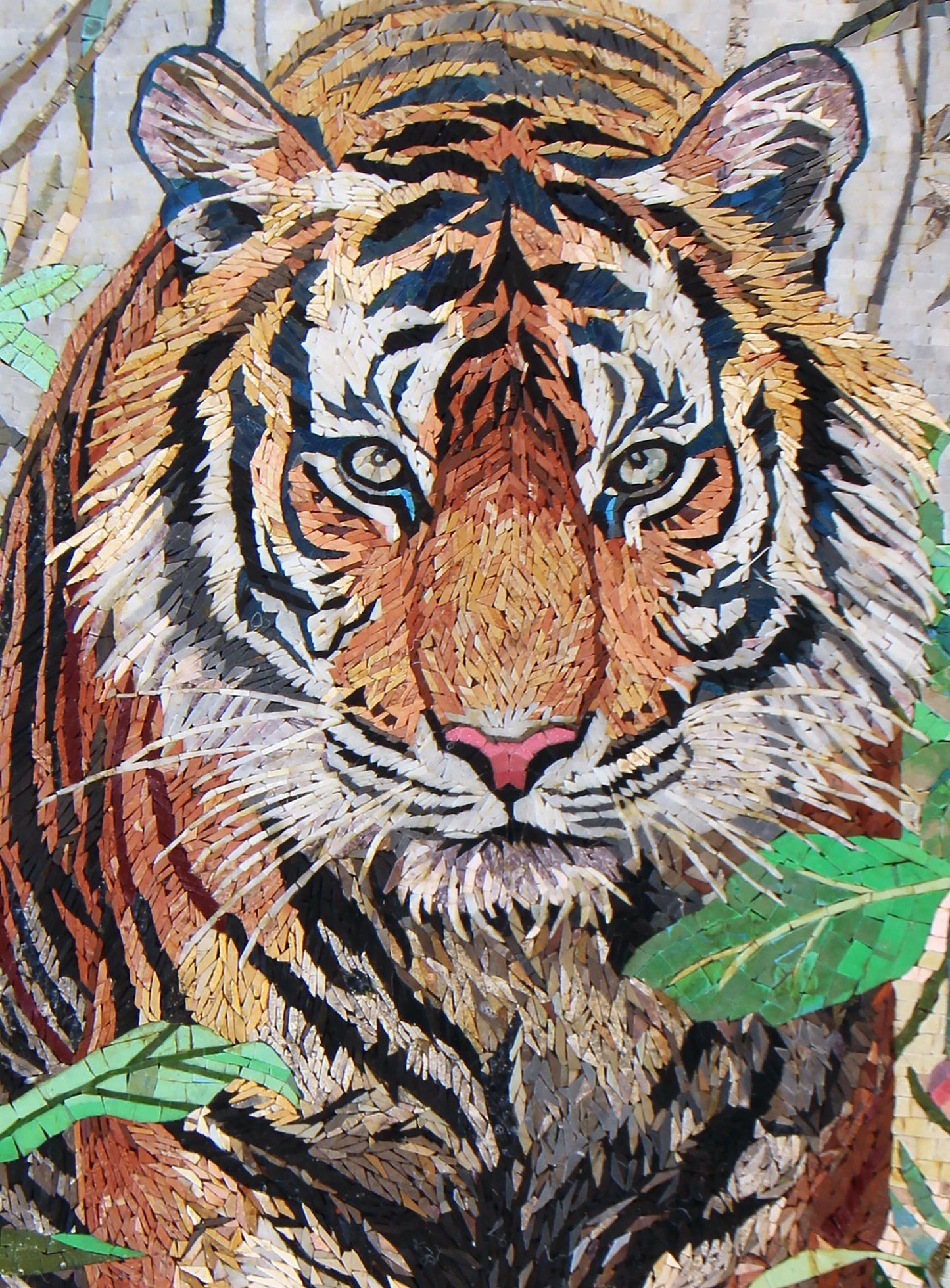 40"x28" Tiger in Leaves Mosaic Wall Art – Custom Handmade Marble Tile Artwork, Jungle Wildlife Decor, Customization Available