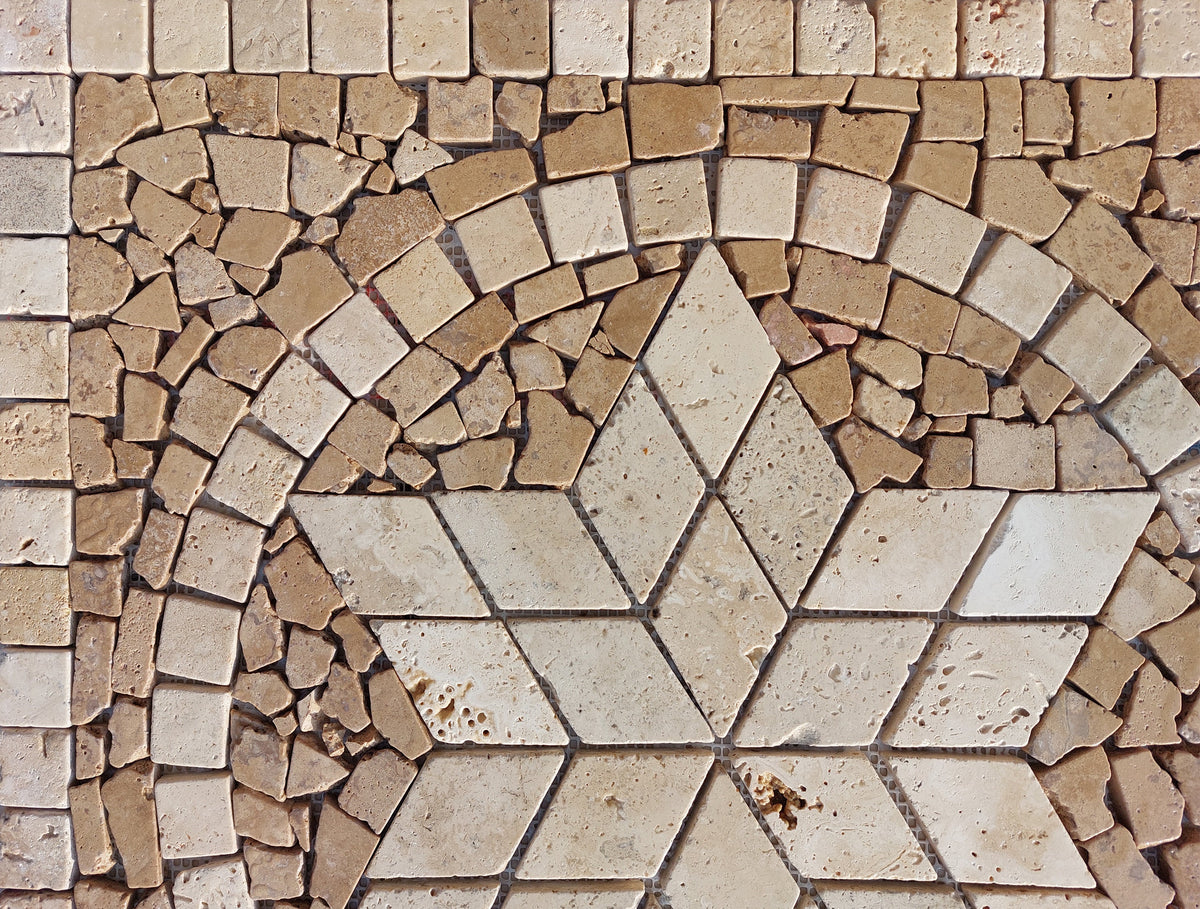 Handmade Travertine Mosaic Art: Brown Star Medallion (24"x24")