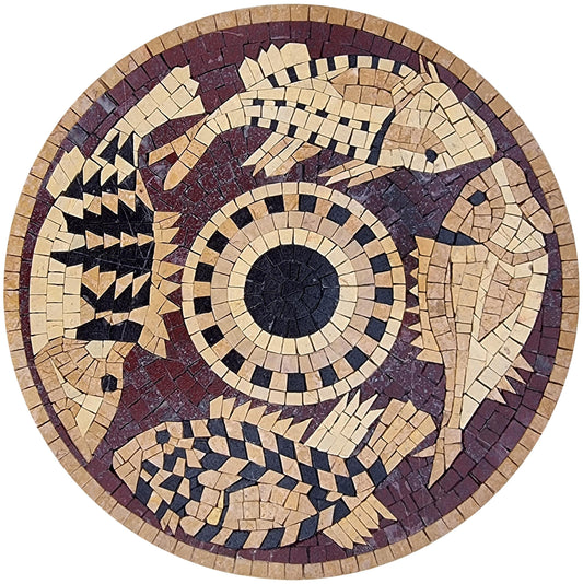 20" Fish Mosaic Medallion, Decorative Sea Life Inlay for Floor or Wall, Customization Available