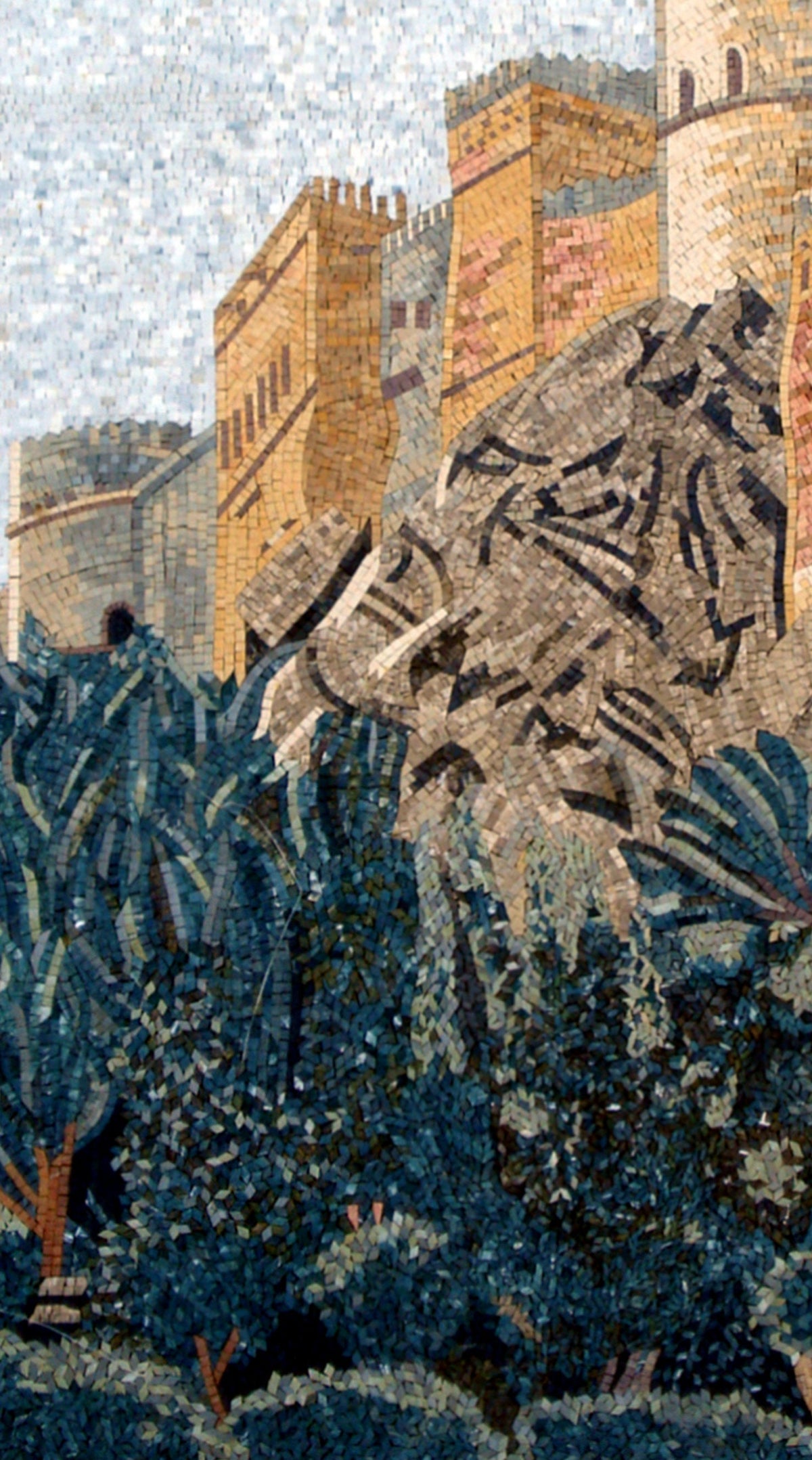 Handmade Fort Mosaic Tile Art: Stone Castle Wall Decor (52” x 28”)
