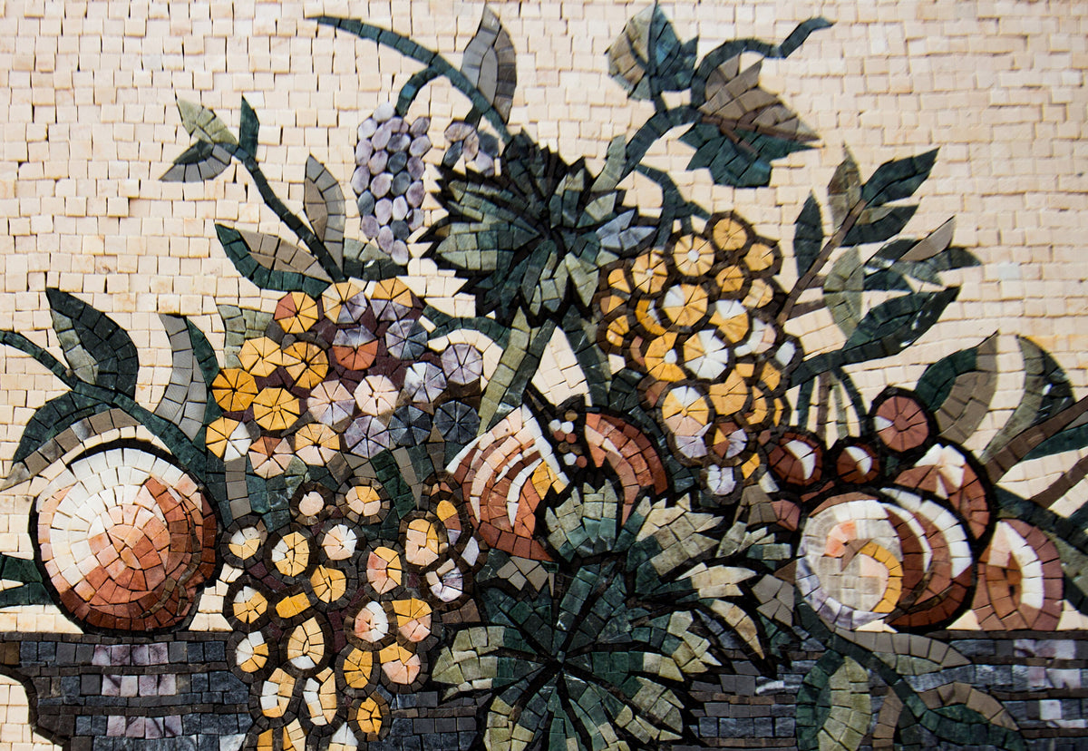 Handmade Fruit Bowl Mosaic: Stone Art Kitchen Backsplash (32” x 24”)