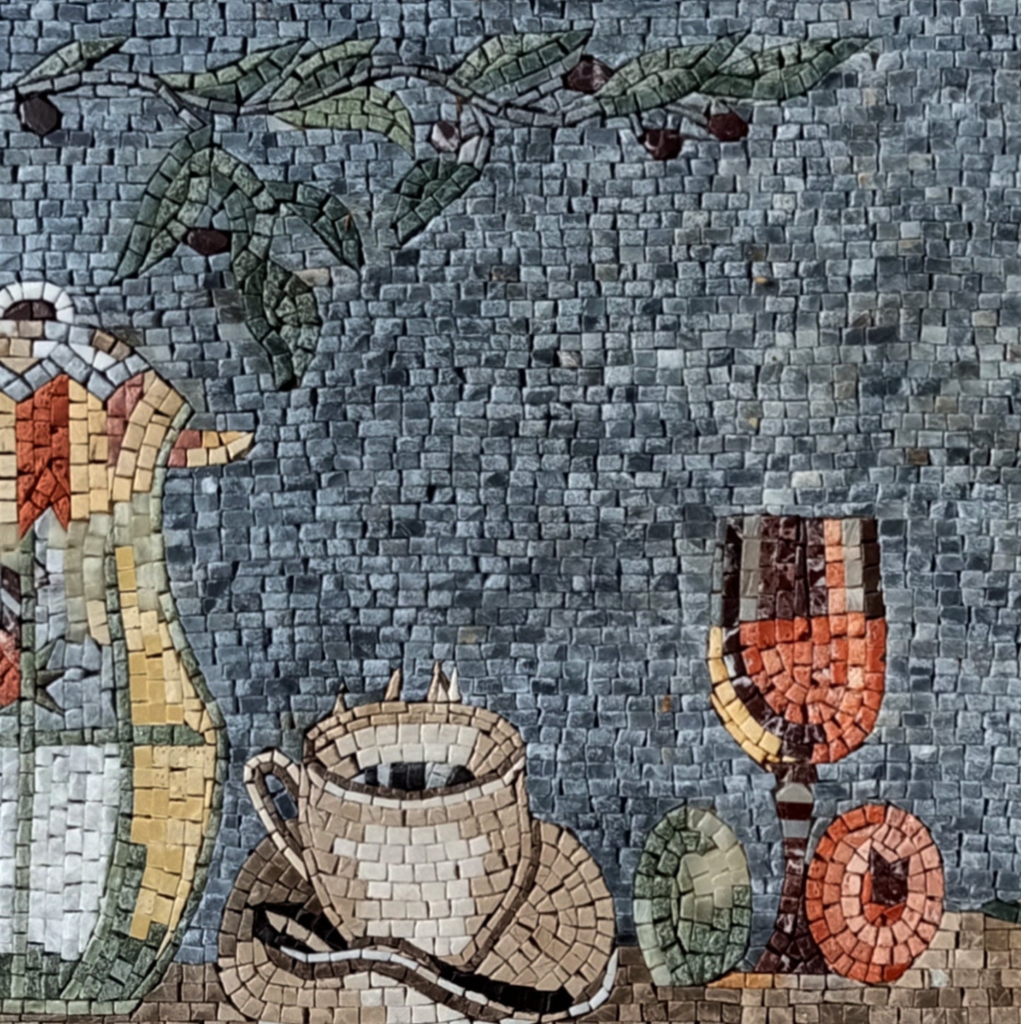 Handmade Marble Mosaic Kitchen Backsplash: Lemon, Wine & Floral Still Life