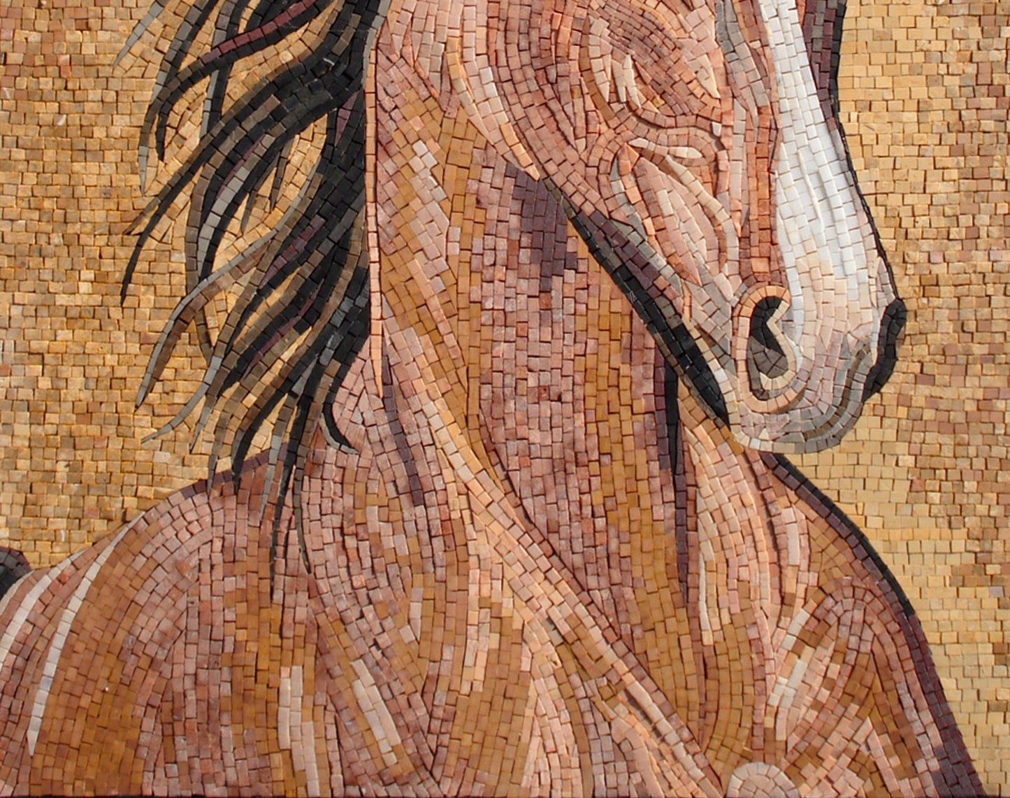 Handmade Horse Mosaic Mural: Brown Marble Stone Artwork