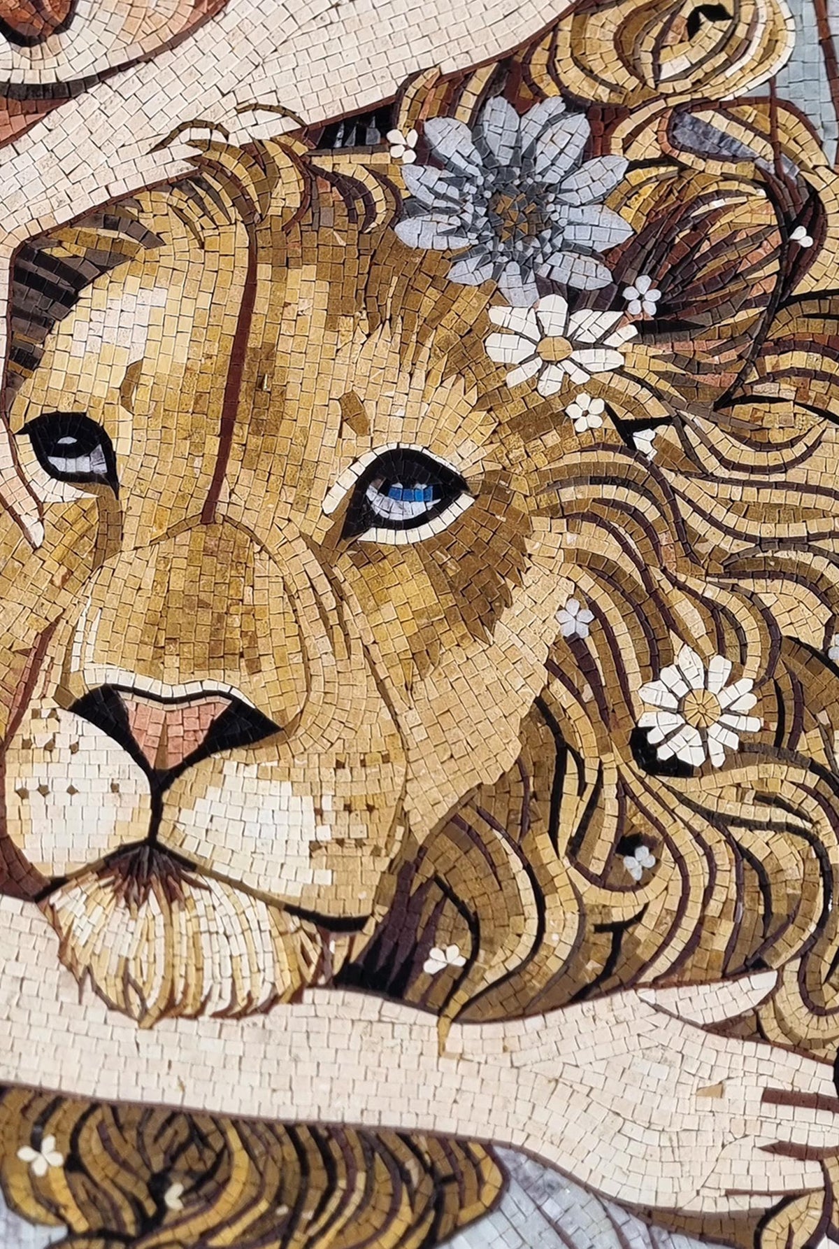 48x32 Women and Lion Mosaic Wall Art – Custom Handmade Marble Tile, Symbolic Animal Design, Decorative Wall Inlay, Customization available