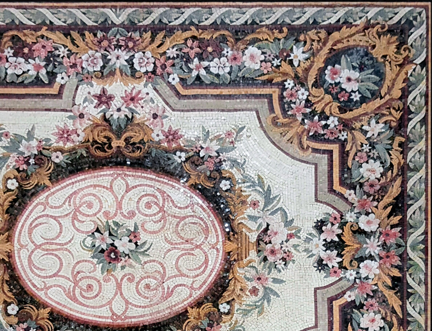 Large Floral Marble Mosaic Rug: Handmade Stone Carpet (104” x 80")