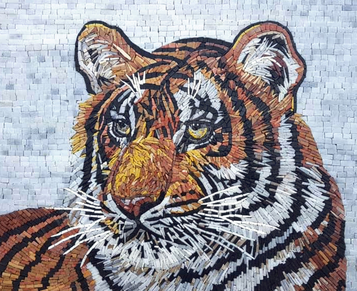 Handmade Bengal Tiger Mosaic Tile Art: Interior Wall Decor (28” x 22”)