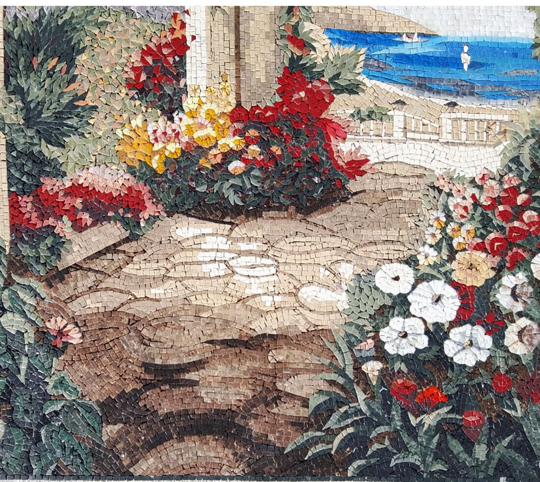 Tuscan Floral Mosaic Mural: Handmade Stone Tile Art (44” x 40")