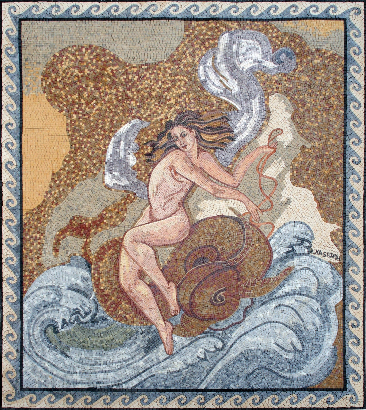 Handmade Nereid Mosaic Tile Art: Hippocamp Backsplash (80” x 68")