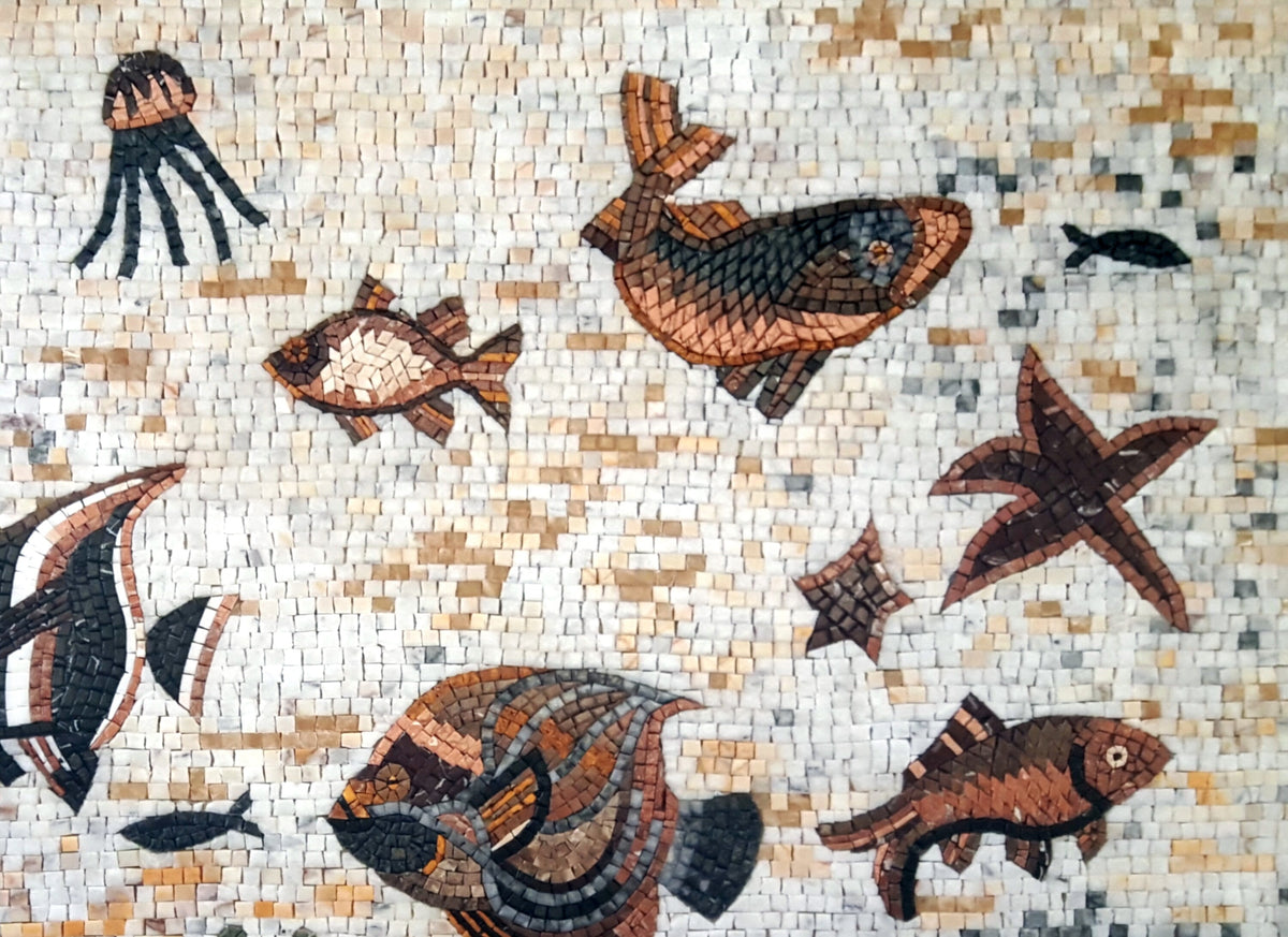 Handmade Coral Fish Mosaic Tile: Marine Life Backsplash (50” x 36")