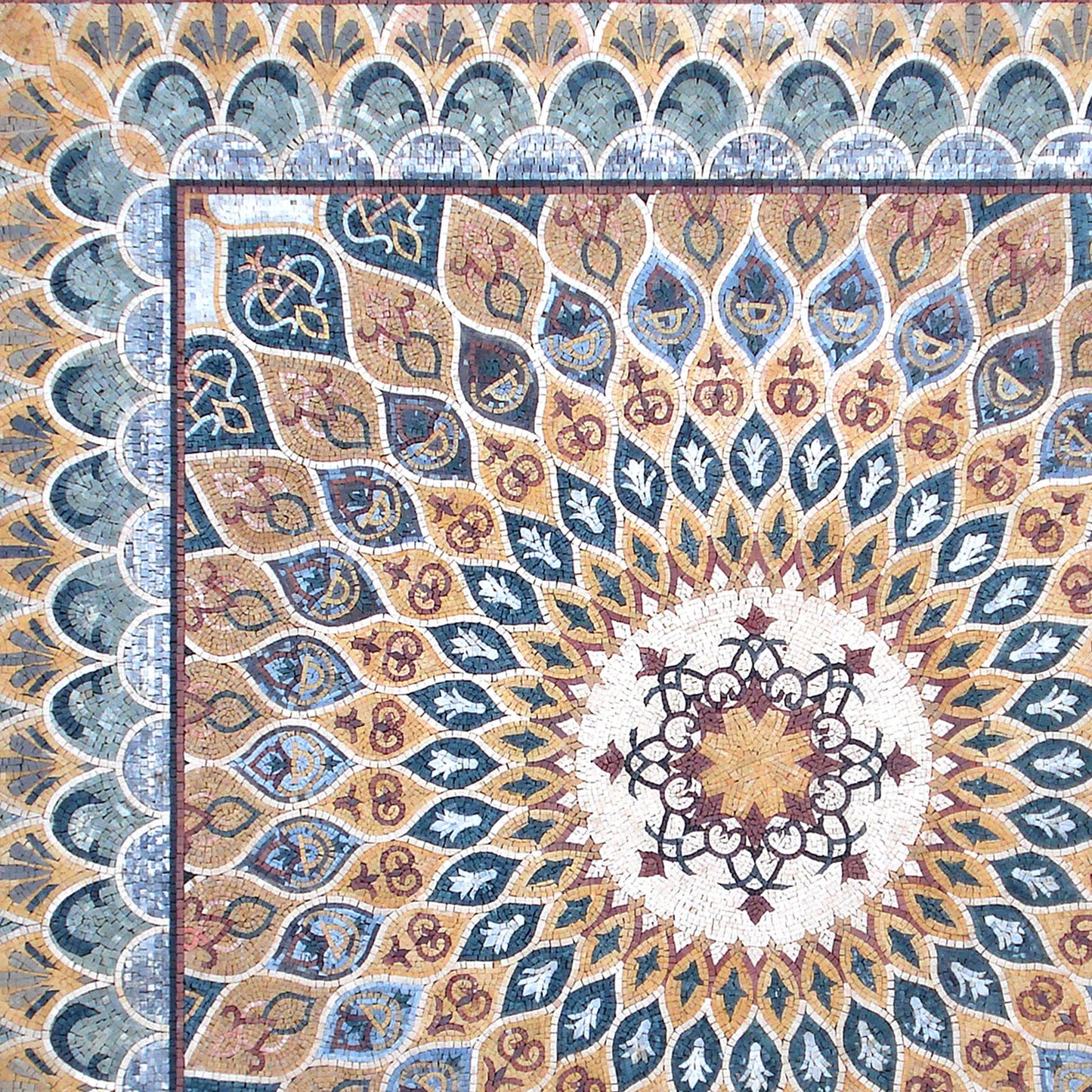 Handmade Marble Stone Mosaic Rug: Square Medallion Design