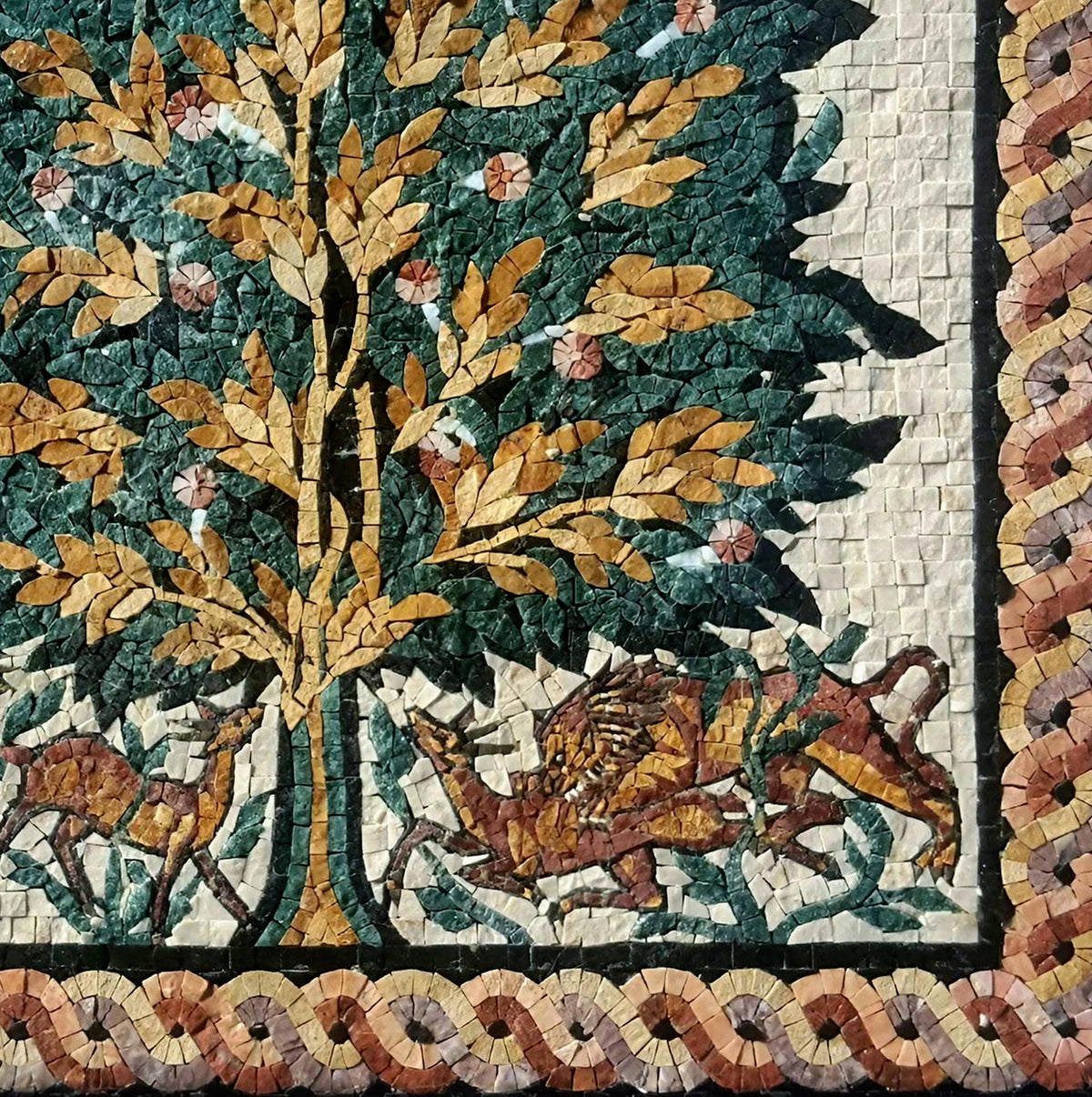 Tree of Life Marble Mosaic Art: Lion & Deer Mural (20" x 20")