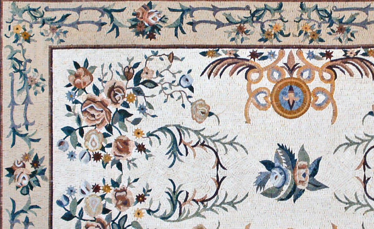 Handmade Rose Mosaic Rug: Marble Tile Floor Covering