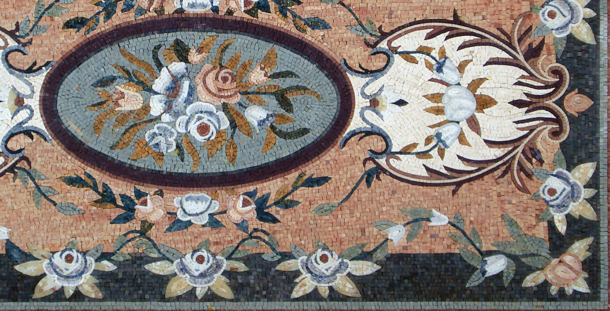 Handmade Marble Stone Mosaic Rug: Floral Medallion, 92"x48"