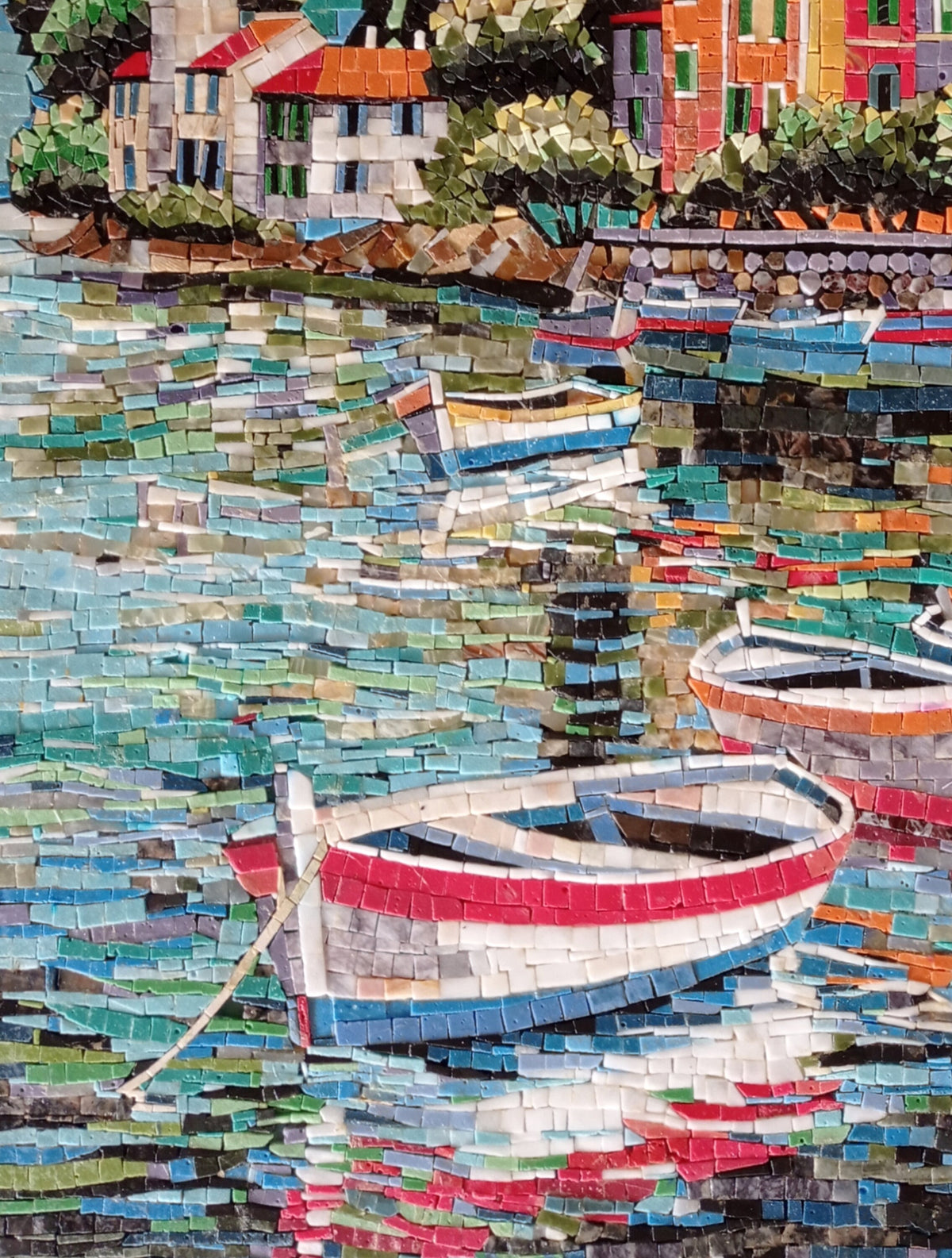 Seascape Mosaic Tile Art: Handmade Marble Boating Scene (40” x 30")
