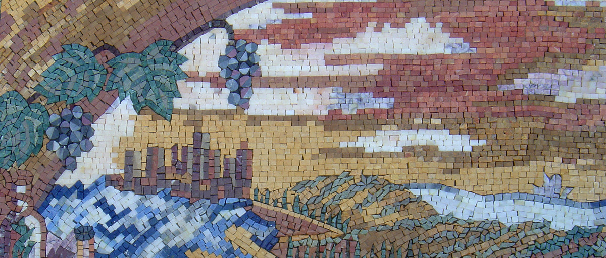 Handmade Fruit Mosaic Tile Art: Kitchen Backsplash, Stone Wall Decor (64” x 28”)
