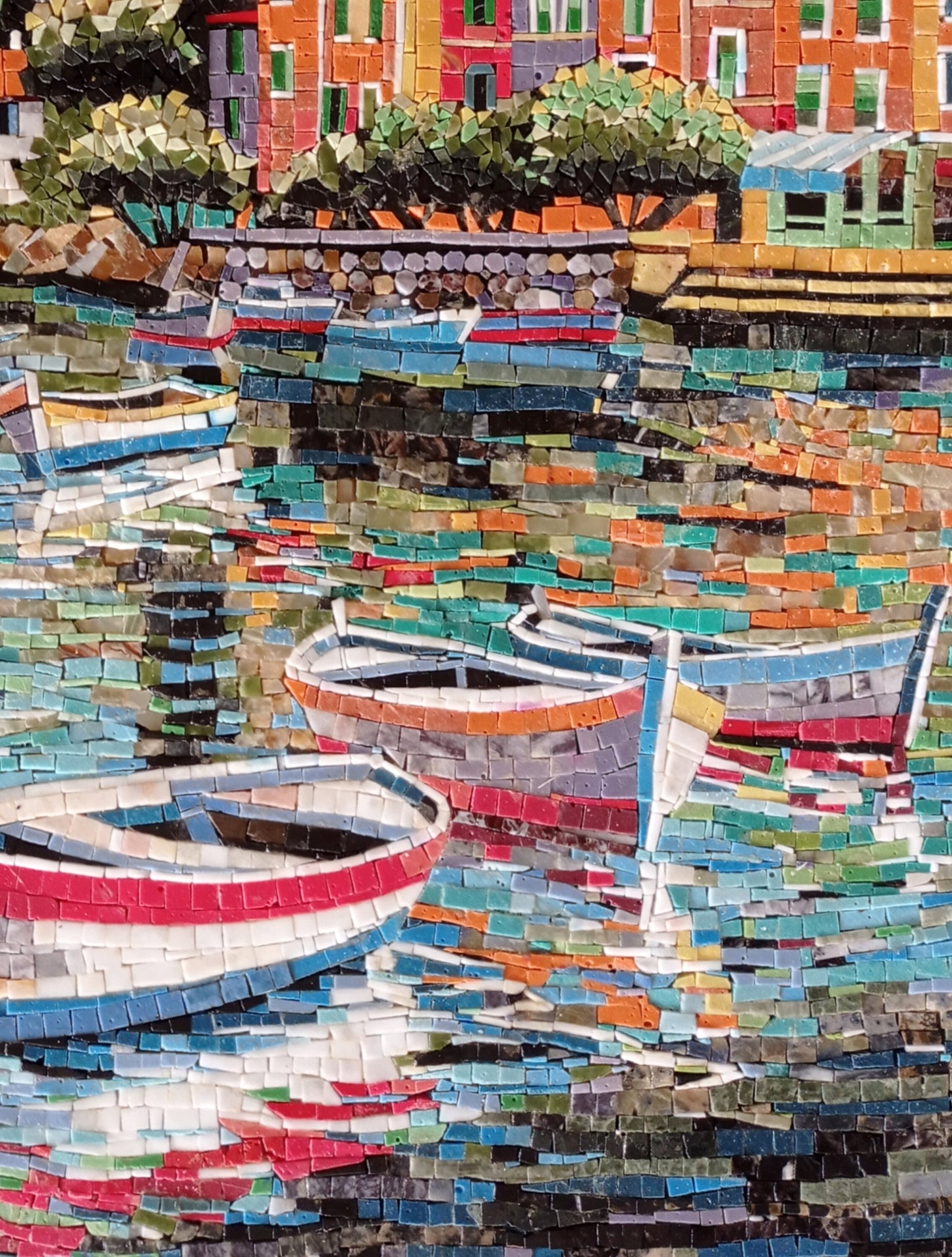 Seascape Mosaic Tile Art: Handmade Marble Boating Scene (40” x 30")