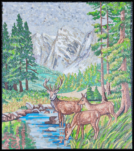 36″×32″ Deer Drinking Water Mosaic – Handmade Marble Wall Art, Rustic Wildlife Accent, Customization available