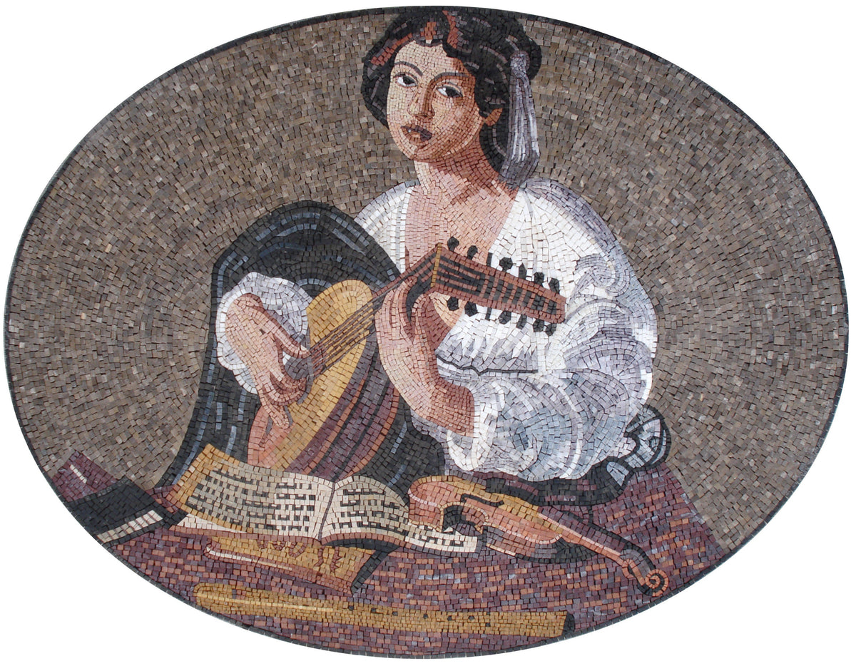 Handmade Marble Mosaic Mural: Girl Musician Playing Oud