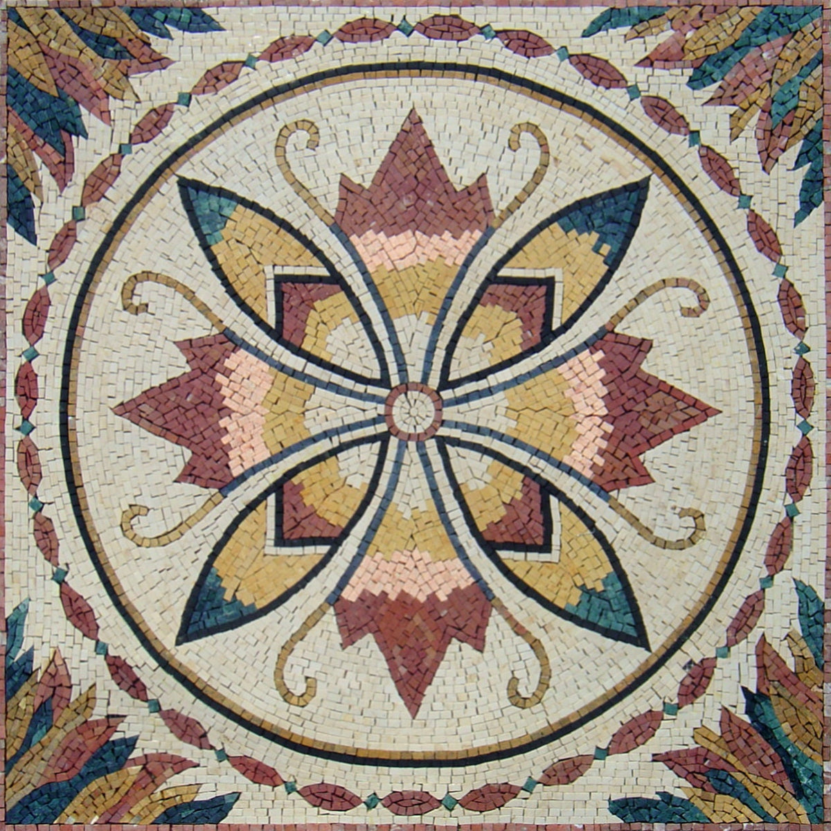 32” MEDALLION MOSAIC TILES | Square Floral Art work Mosaic Floor Tiles For House Warming | Marble For Interior And Outdoor Hallway Entry
