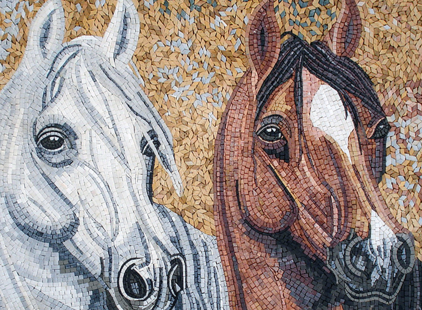Handmade Horse Mosaic Tile Art: Brown & White Marble (40x28)